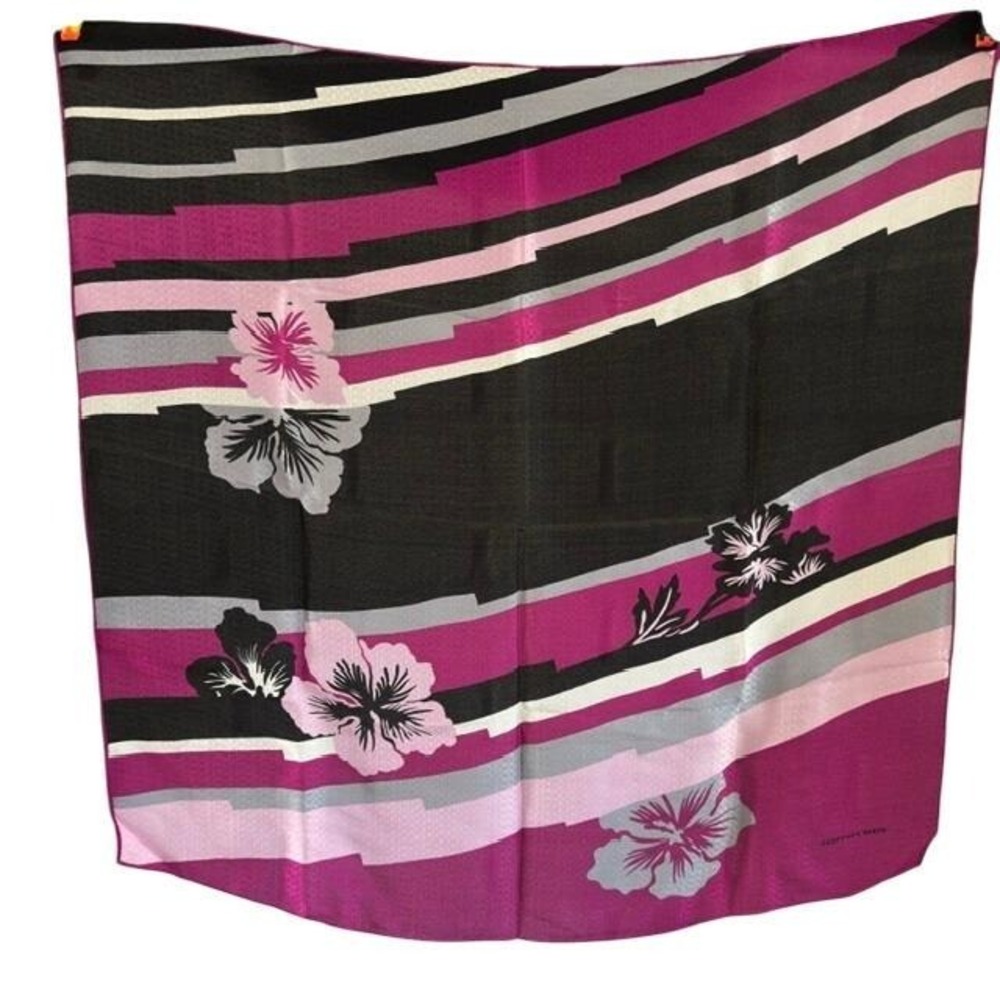 Vintage Geoffrey Beene Scarf Magenta Black Hibiscus Stripe Square 30in Silk